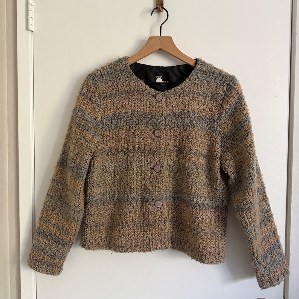 First Option Boucle Knit Jacket Collarless Button Front Grandmacore Cottagecore